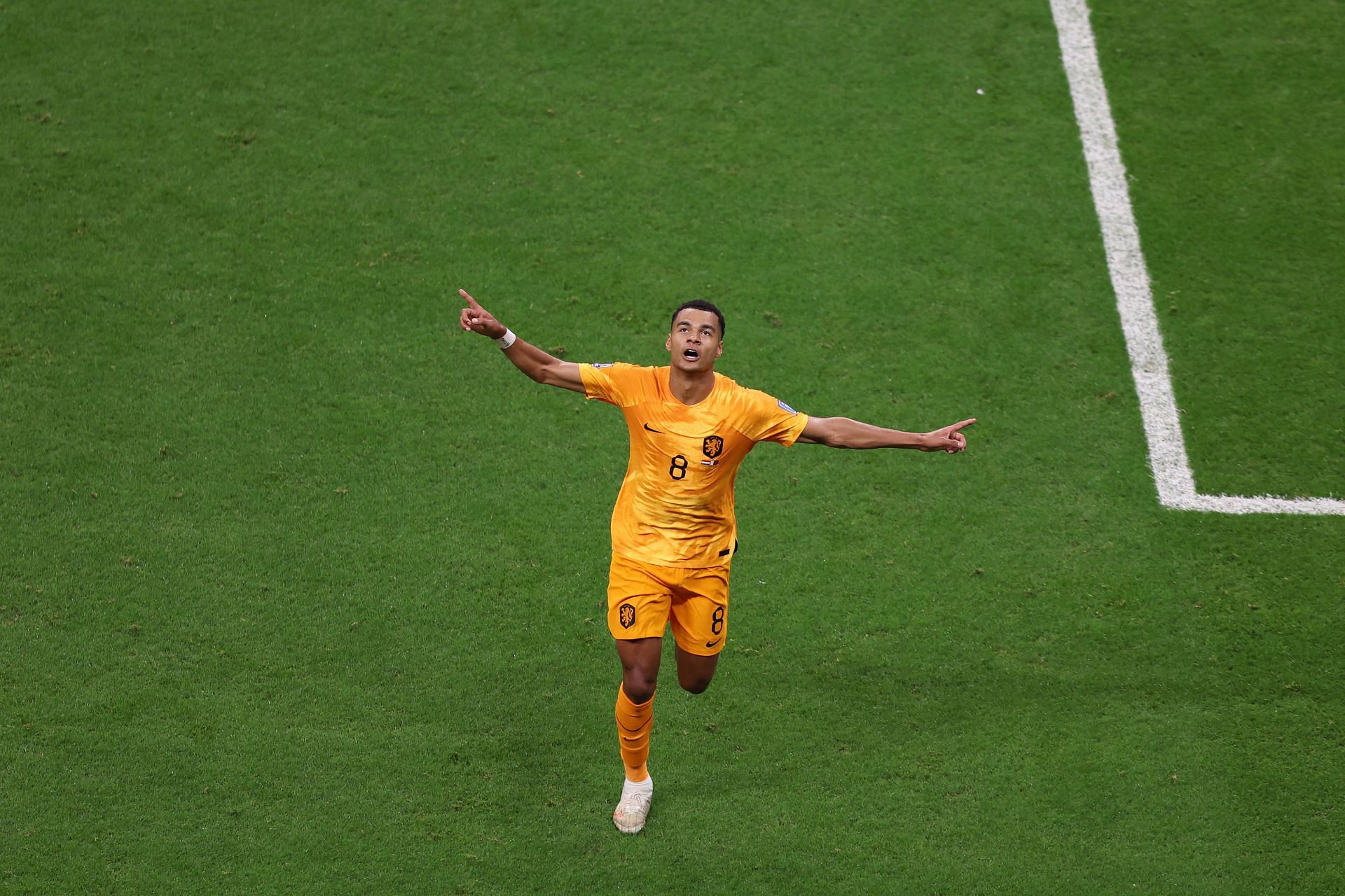 Cody Gakpo celebrates after scoring the Netherlands' first goal against Qatar FIFA World Cup in Qatar.